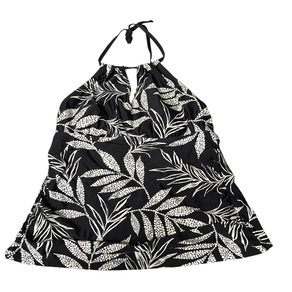 Kona Sol Women's Tankini Top Black Floral Plants Tie Back‎ Swim Summer L 559